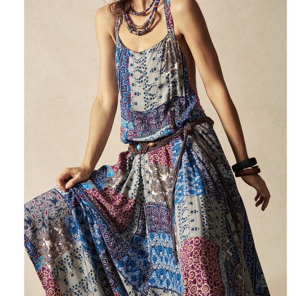 Boho Multicolor Color block Patchwork Racerback Maxi Dress - Picture 2 of 6